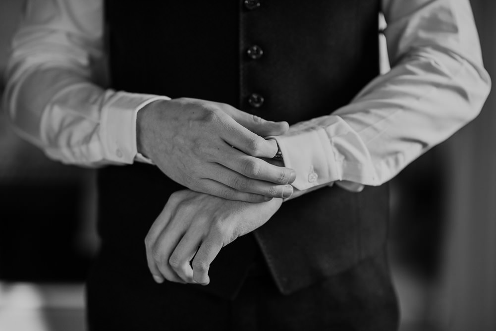 Forest Trees Castle Loch Blue Waistcoat Tie Groom Morning Prep | Intimate Winter Outdoor Scotland Wedding Christopher Ian Photography
