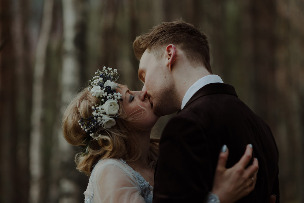 Forest Trees Castle Loch Bride Groom Blue Dress White Bouquet Floral Crown Cape Tan Coat | Intimate Winter Outdoor Scotland Wedding Christopher Ian Photography