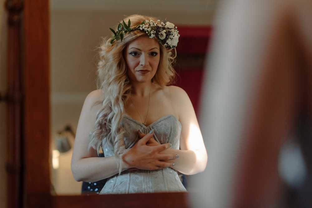 Forest Trees Castle Loch Blue Bride Dress Floral Crown Corset Morning Prep | Intimate Winter Outdoor Scotland Wedding Christopher Ian Photography