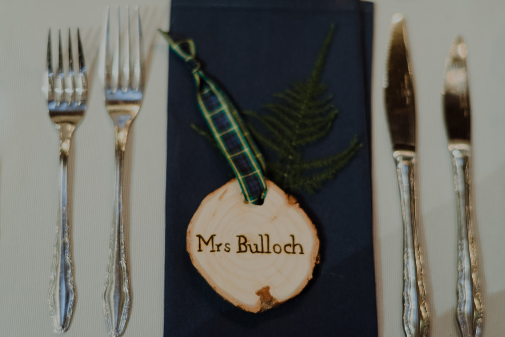 Forest Trees Castle Loch Simple Decor Greenery Fairy Lights Garland Runner Table Blue White Rustic Place Cards | Intimate Winter Outdoor Scotland Wedding Christopher Ian Photography
