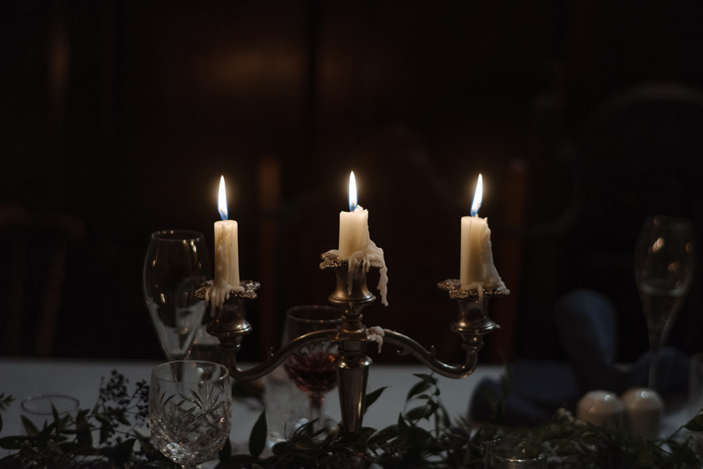 Forest Trees Castle Loch Simple Decor Greenery Fairy Lights Garland Runner Table Blue White | Intimate Winter Outdoor Scotland Wedding Christopher Ian Photography