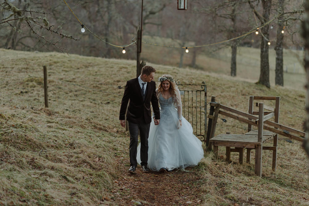 Forest Trees Castle Loch Festoon Lights Bride Blue Corset Bespoke Gown Navy Groom | Intimate Winter Outdoor Scotland Wedding Christopher Ian Photography