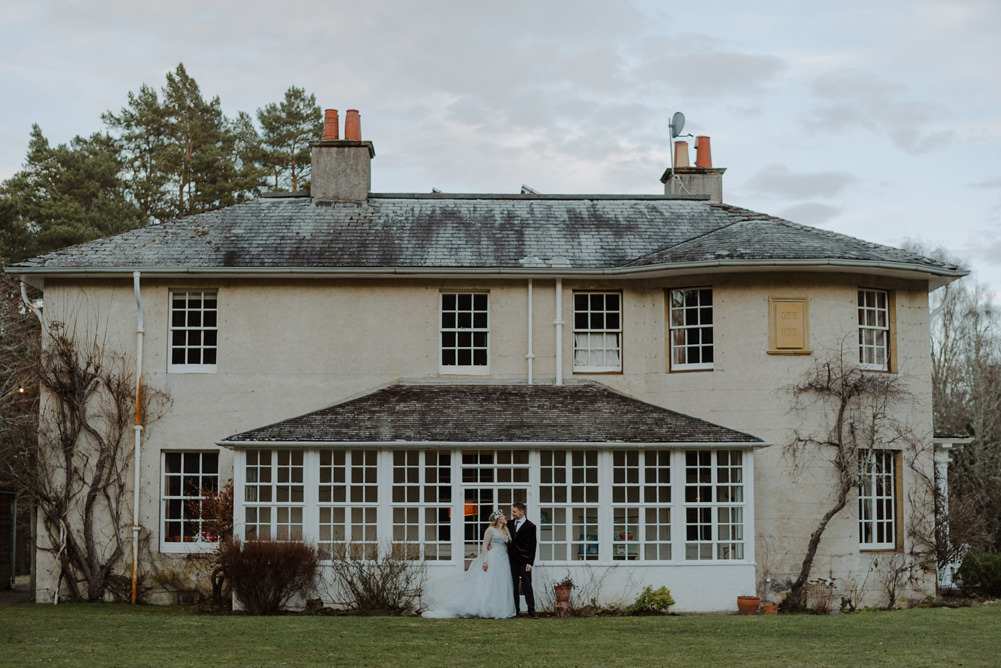 Forest Trees Castle Loch House Bride Blue Corset Bespoke Gown Navy Groom | Intimate Winter Outdoor Scotland Wedding Christopher Ian Photography