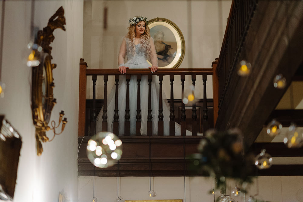 Forest Trees Castle Loch House Bride Blue Corset Bespoke Gown Fairy Lights | Intimate Winter Outdoor Scotland Wedding Christopher Ian Photography