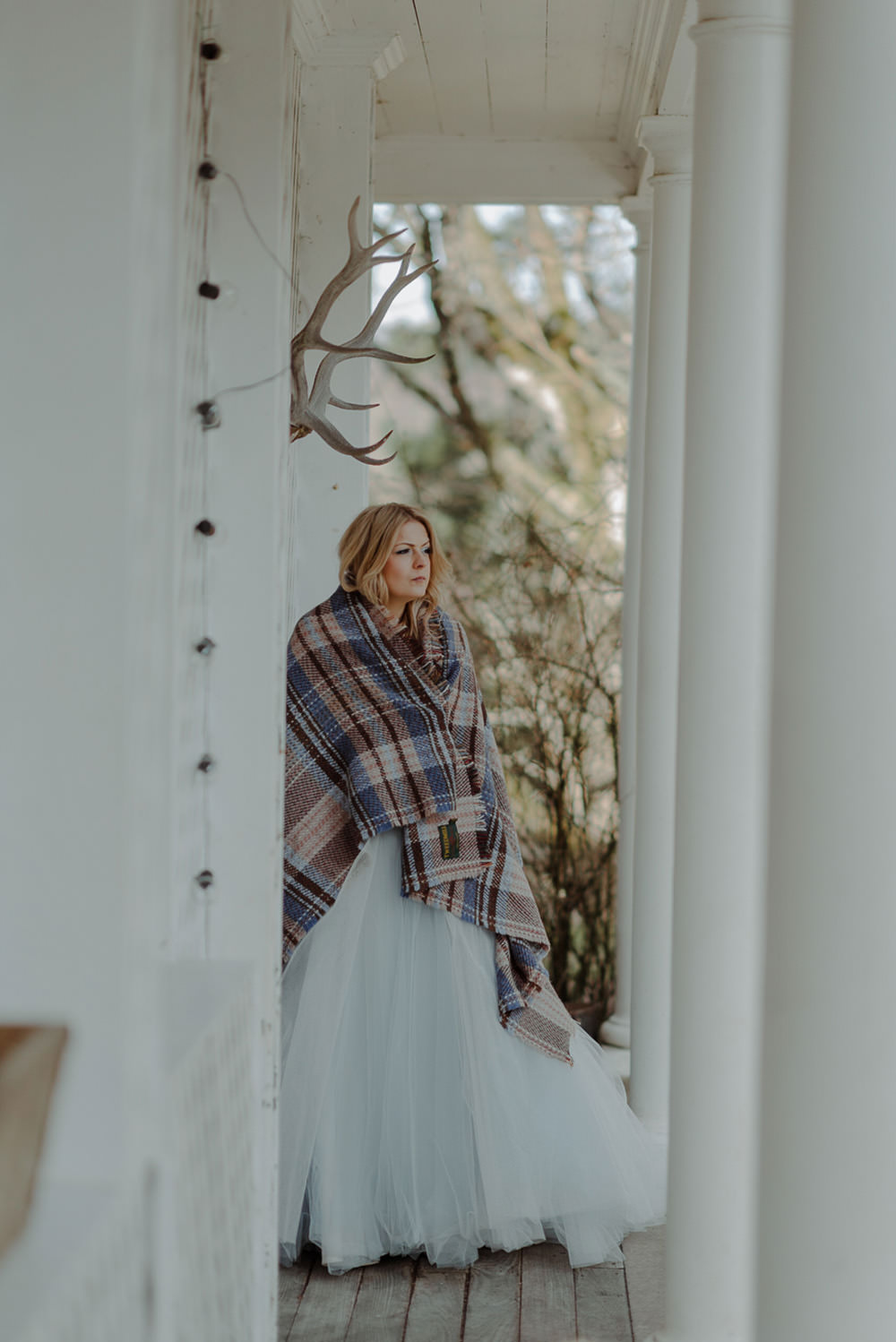 Forest Trees Castle Loch House Bride Blue Corset Bespoke Gown Tartan Blanket | Intimate Winter Outdoor Scotland Wedding Christopher Ian Photography