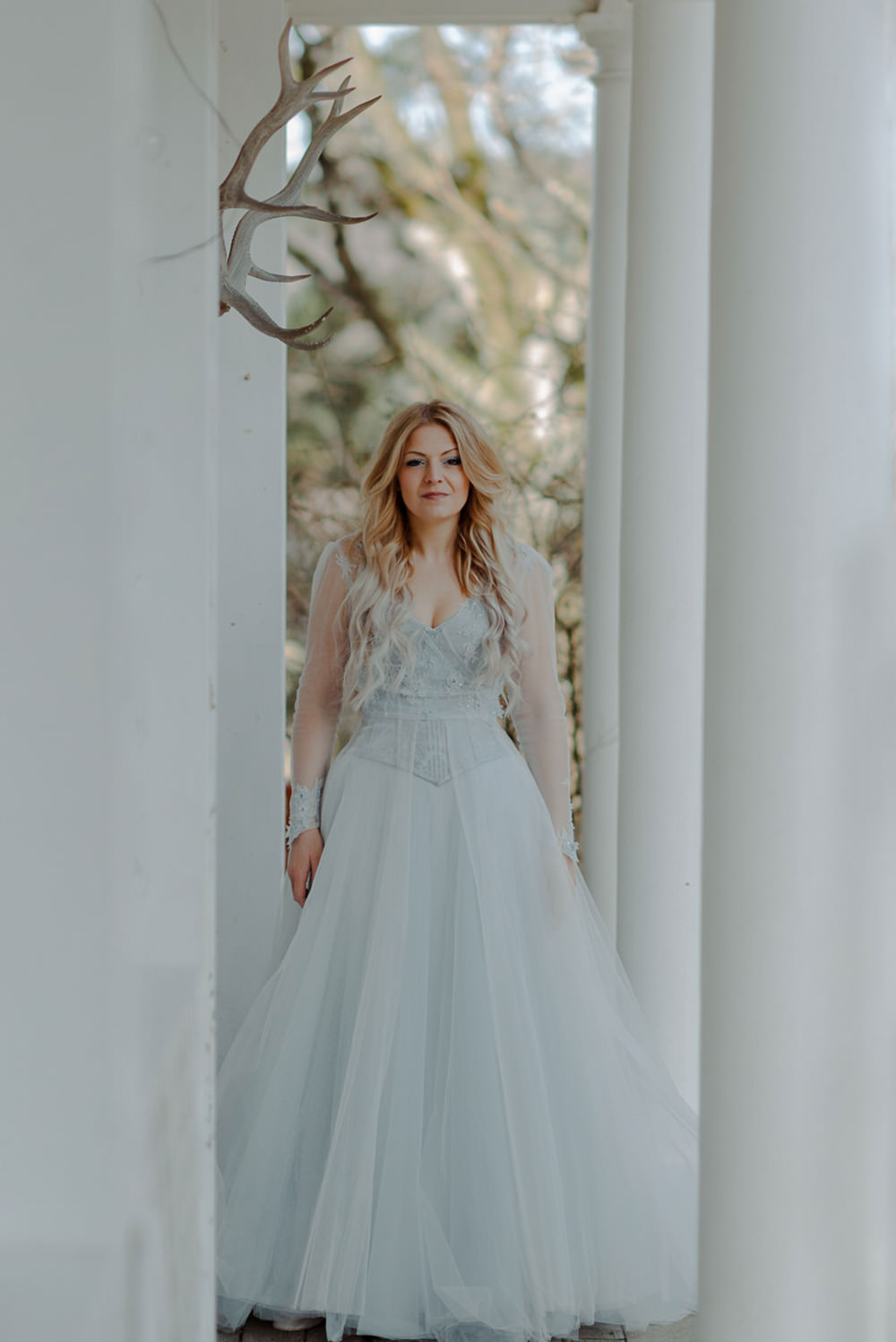 Forest Trees Castle Loch House Bride Blue Corset Bespoke Gown House Antlers | Intimate Winter Outdoor Scotland Wedding Christopher Ian Photography