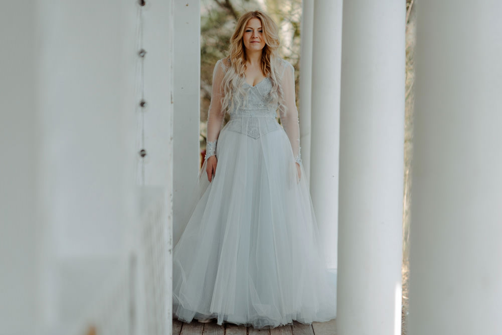 Forest Trees Castle Loch House Bride Blue Corset Bespoke Gown House Antlers | Intimate Winter Outdoor Scotland Wedding Christopher Ian Photography