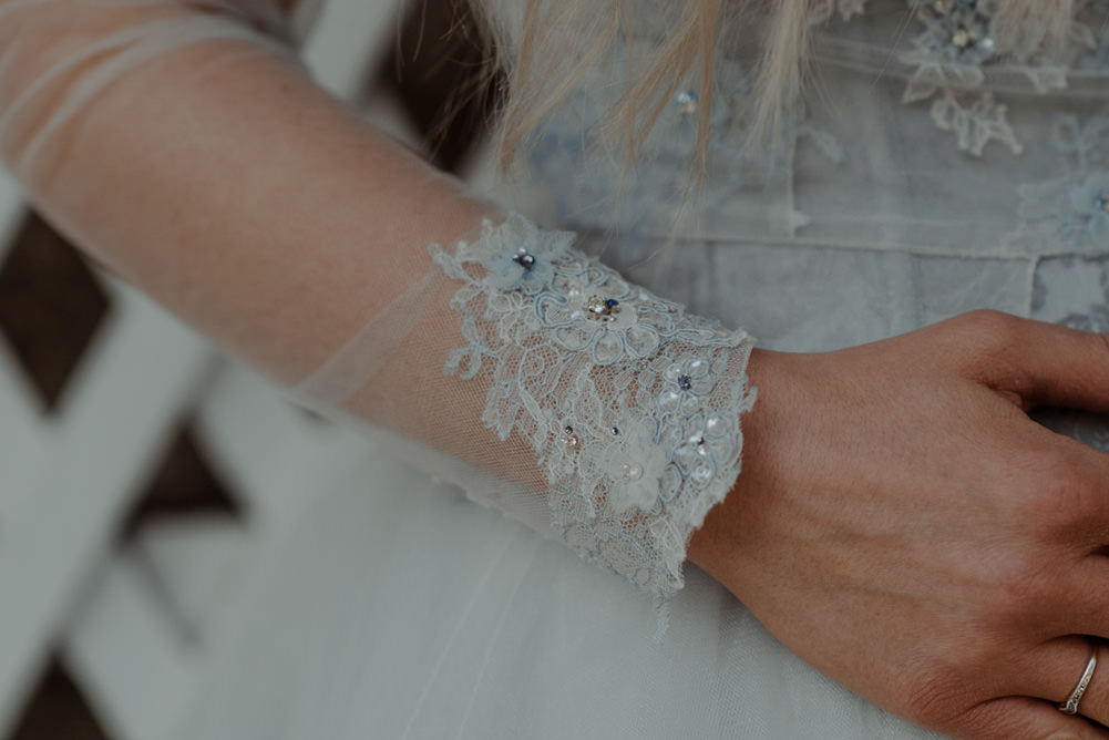 Forest Trees Castle Loch House Bride Blue Corset Bespoke Gown Floral Lace | Intimate Winter Outdoor Scotland Wedding Christopher Ian Photography