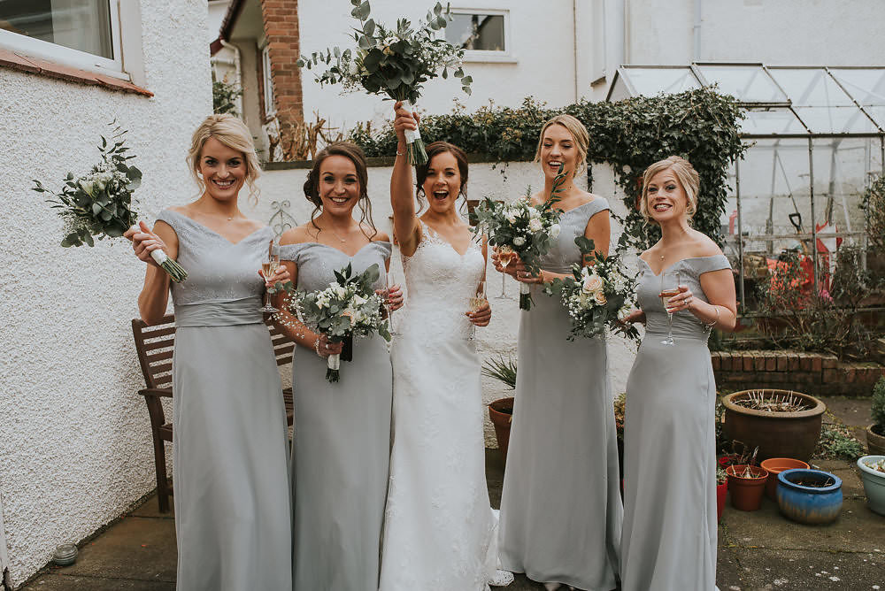 Bride Bridal Lace Sweetheart Neckline Straps Sleeveless Cathedral Veil Off the Shoulder Grey Bridesmaids Bouquet Eucalyptus Pink Peach Rose Gypsophila Macdonald Houston Hotel Wedding Martin Venherm Photography