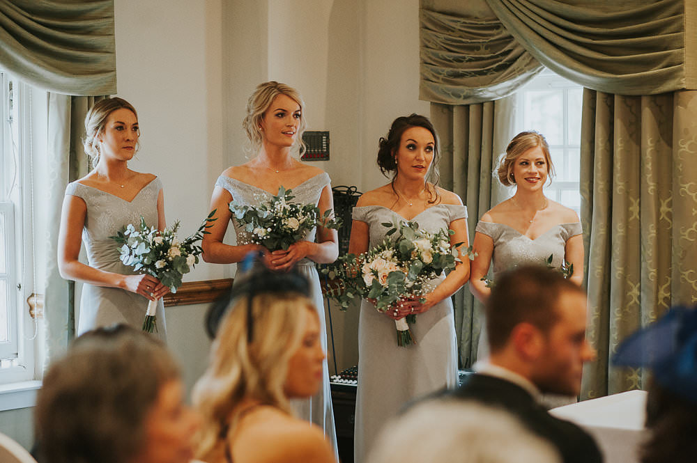 Bridesmaids Grey Off the Shoulder Dress Eucalyptus Gypsophila Macdonald Houston Hotel Wedding Martin Venherm Photography