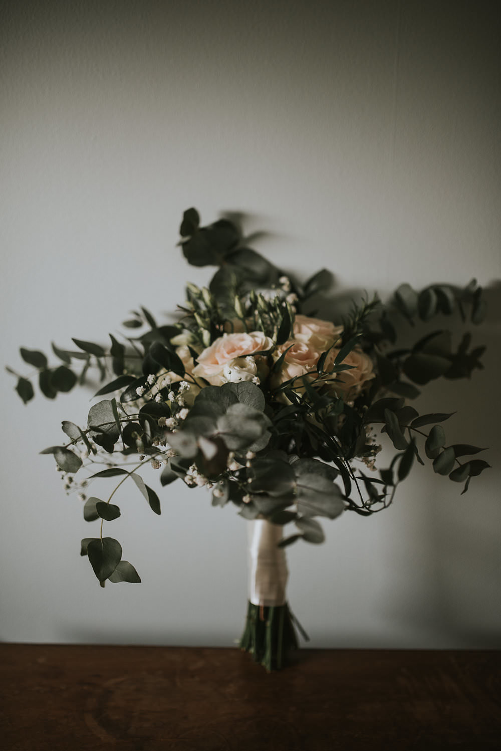 Bride Bridal Eucalyptus Peach Roses Gypsophila Macdonald Houston Hotel Wedding Martin Venherm Photography