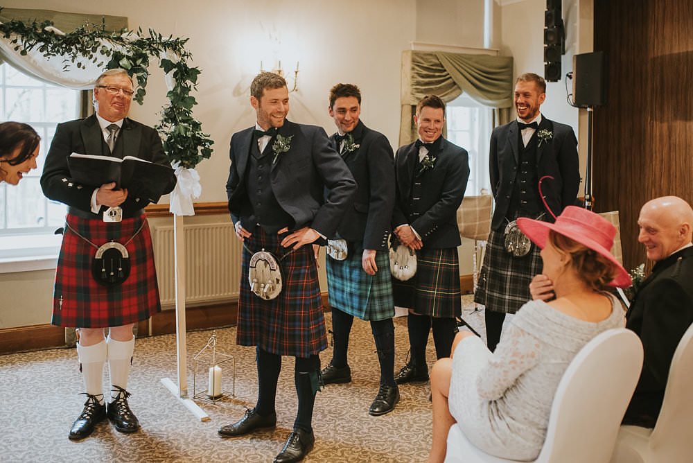 Groom Groomsmen Kilt Tartan Jacket Waistcoat Bow Tie Sporran Macdonald Houston Hotel Wedding Martin Venherm Photography