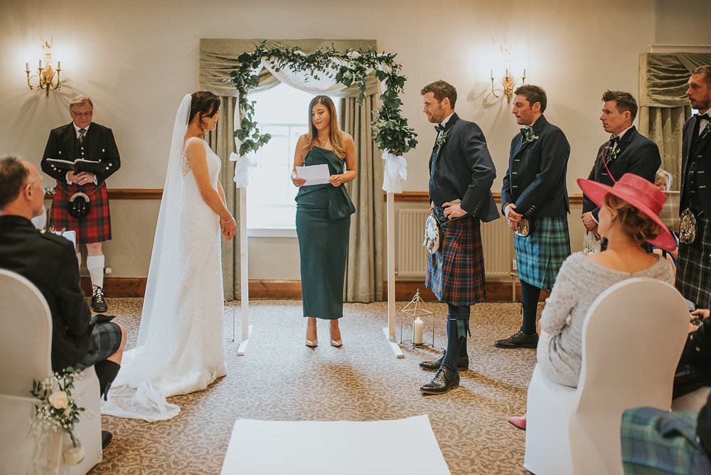 Bride Bridal Lace Sweetheart Neckline Straps Sleeveless Cathedral Veil Kilt Tartan Groom Bow Tie Macdonald Houston Hotel Wedding Martin Venherm Photography