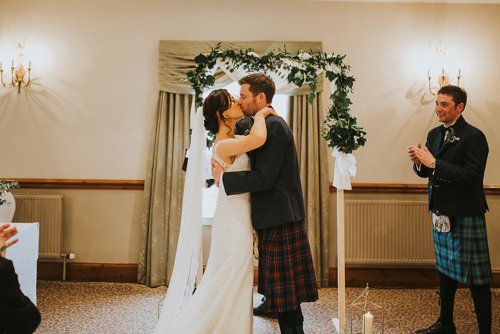 Bride Bridal Lace Sweetheart Neckline Straps Sleeveless Cathedral Veil Kilt Groom Bow Tie Macdonald Houston Hotel Wedding Martin Venherm Photography