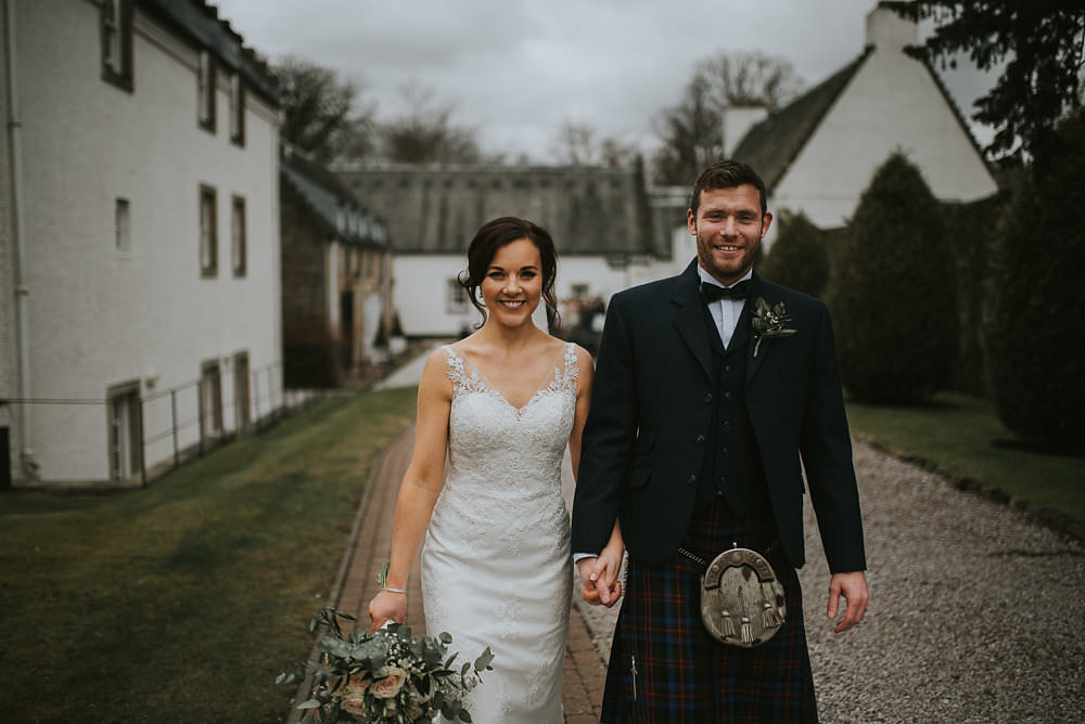 Bride Bridal Lace Sweetheart Neckline Straps Sleeveless Cathedral Veil Kilt Groom Bow Tie Bouquet Eucalyptus Macdonald Houston Hotel Wedding Martin Venherm Photography