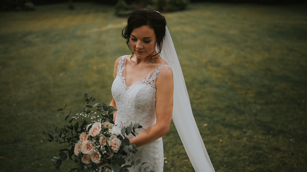 Bride Bridal Lace Sweetheart Neckline Straps Sleeveless Cathedral Veil Bouquet Eucalyptus Macdonald Houston Hotel Wedding Martin Venherm Photography