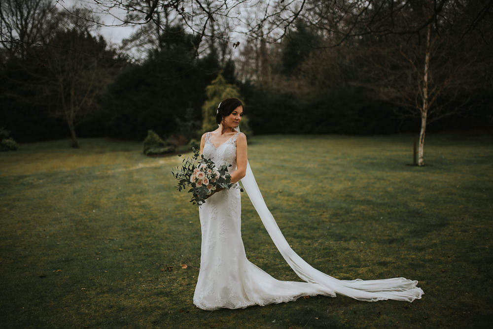 Bride Bridal Lace Sweetheart Neckline Straps Sleeveless Cathedral Veil Bouquet Eucalyptus Macdonald Houston Hotel Wedding Martin Venherm Photography