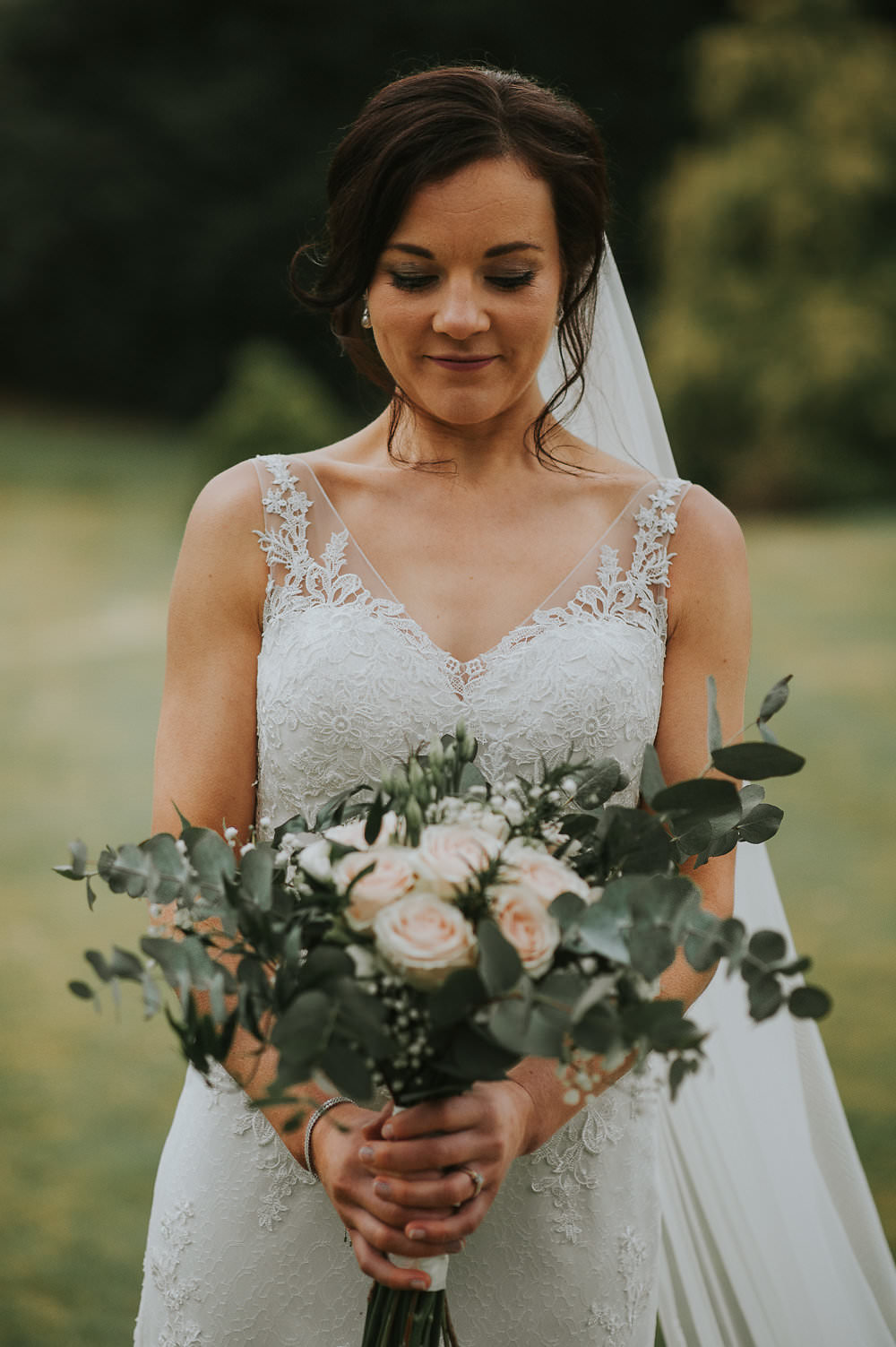 Bride Bridal Lace Sweetheart Neckline Straps Sleeveless Cathedral Veil Bouquet Eucalyptus Macdonald Houston Hotel Wedding Martin Venherm Photography