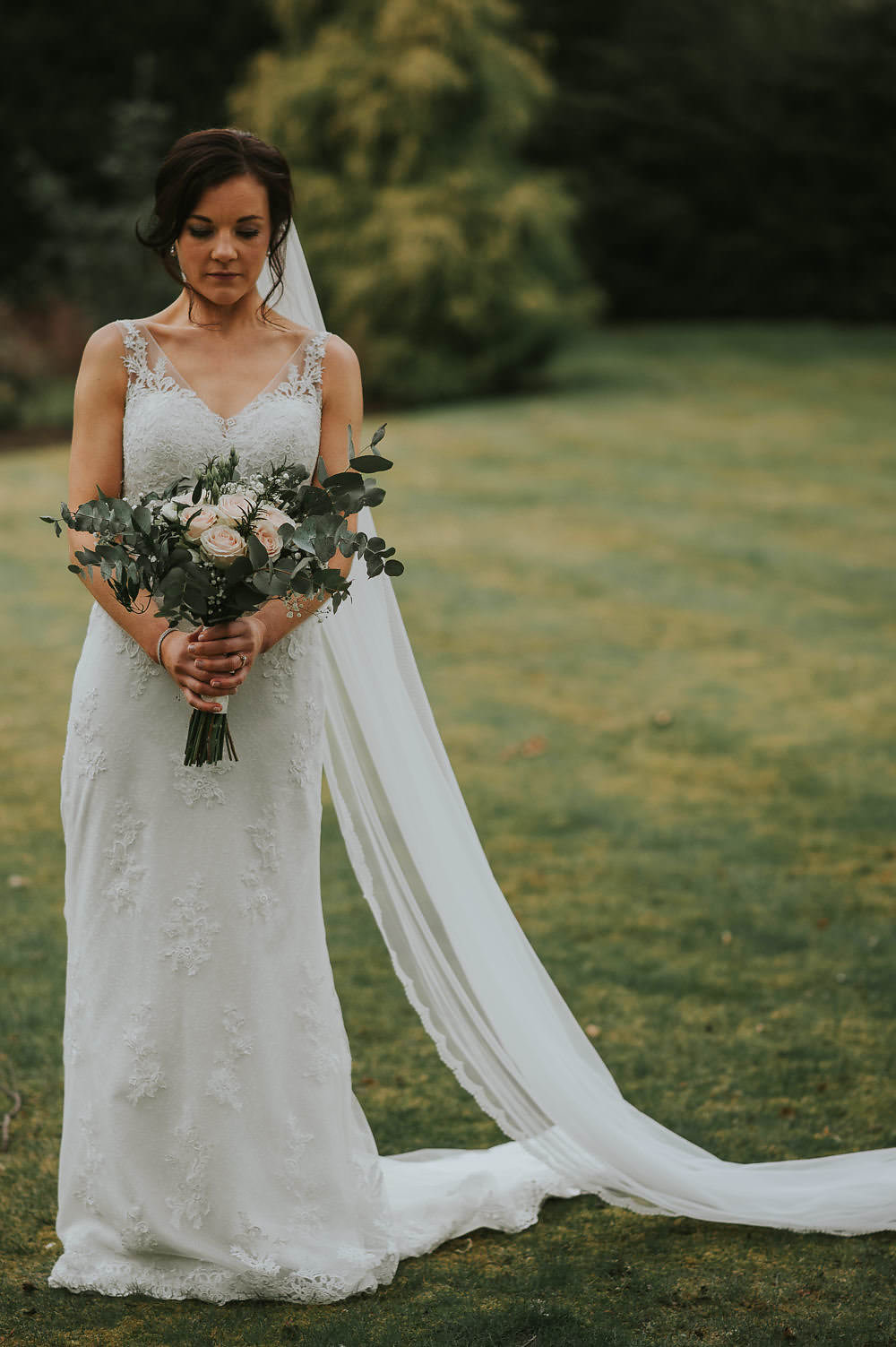 Bride Bridal Lace Sweetheart Neckline Straps Sleeveless Cathedral Veil Bouquet Eucalyptus Macdonald Houston Hotel Wedding Martin Venherm Photography