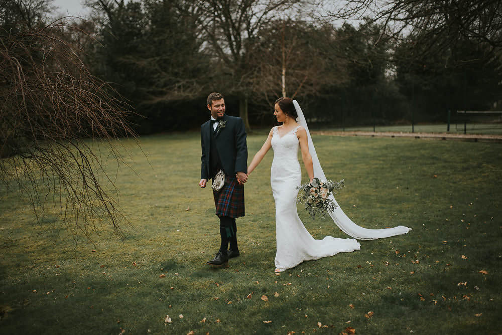 Bride Bridal Lace Sweetheart Neckline Straps Sleeveless Cathedral Veil Kilt Groom Bow Tie Bouquet Eucalyptus Macdonald Houston Hotel Wedding Martin Venherm Photography