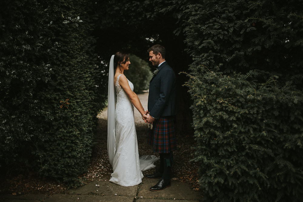 Bride Bridal Lace Sweetheart Neckline Straps Sleeveless Cathedral Veil Kilt Groom Bow Tie Bouquet Eucalyptus Macdonald Houston Hotel Wedding Martin Venherm Photography