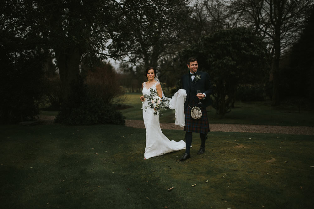 Bride Bridal Lace Sweetheart Neckline Straps Sleeveless Cathedral Veil Kilt Groom Bow Tie Bouquet Eucalyptus Macdonald Houston Hotel Wedding Martin Venherm Photography