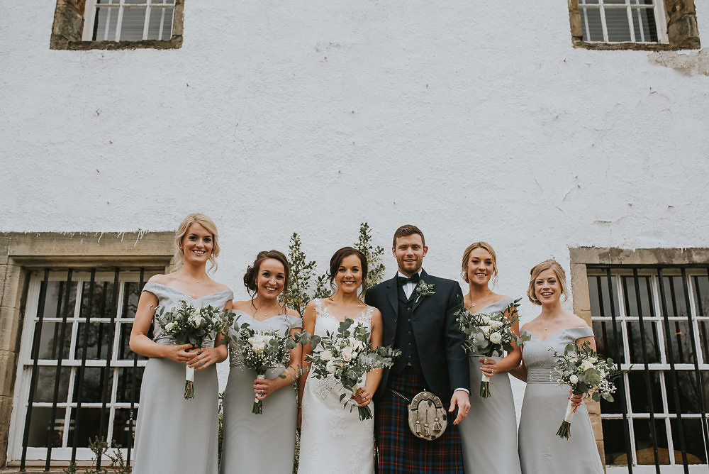 Bride Bridal Lace Sweetheart Neckline Straps Sleeveless Cathedral Veil Kilt Groom Bow Tie Bouquet Eucalyptus Bridesmaids Grey Off the Shoulder Dress Macdonald Houston Hotel Wedding Martin Venherm Photography