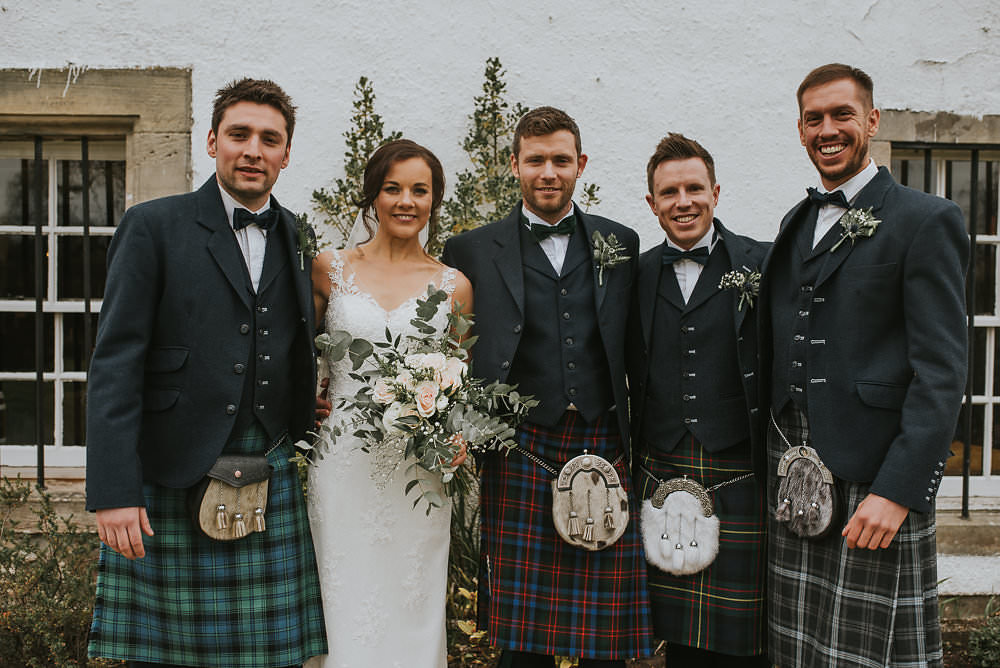 Bride Bridal Lace Sweetheart Neckline Straps Sleeveless Cathedral Veil Kilt Groom Groomsmen Bow Tie Bouquet Eucalyptus Macdonald Houston Hotel Wedding Martin Venherm Photography