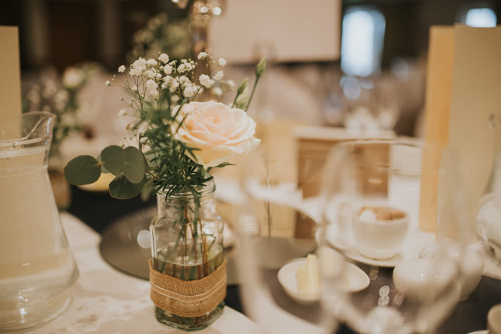 Jam Jar Hessian Peach Rose Gypsophila Eucalyptus Flowers Floral Macdonald Houston Hotel Wedding Martin Venherm Photography