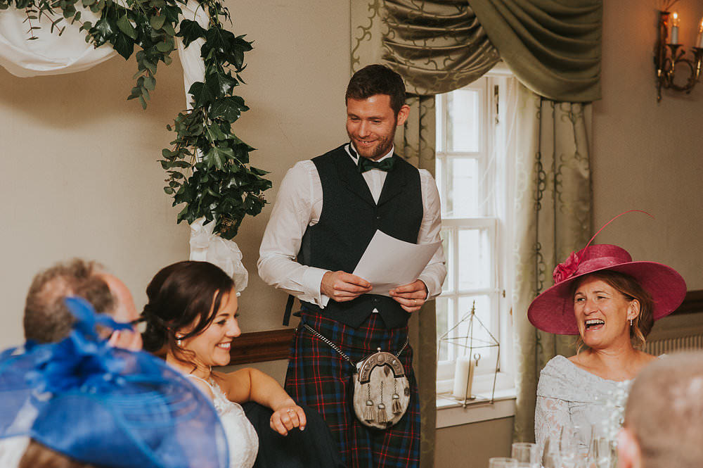 Groom Tartan Kilt Waistcoat Bow Tie Sporran Macdonald Houston Hotel Wedding Martin Venherm Photography