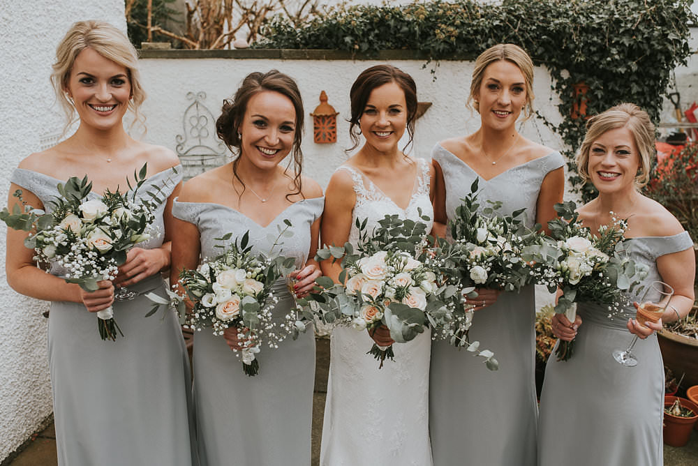 Bride Bridal Lace Sweetheart Neckline Straps Sleeveless Cathedral Veil Off the Shoulder Grey Bridesmaids Bouquet Eucalyptus Pink Peach Rose Gypsophila Macdonald Houston Hotel Wedding Martin Venherm Photography