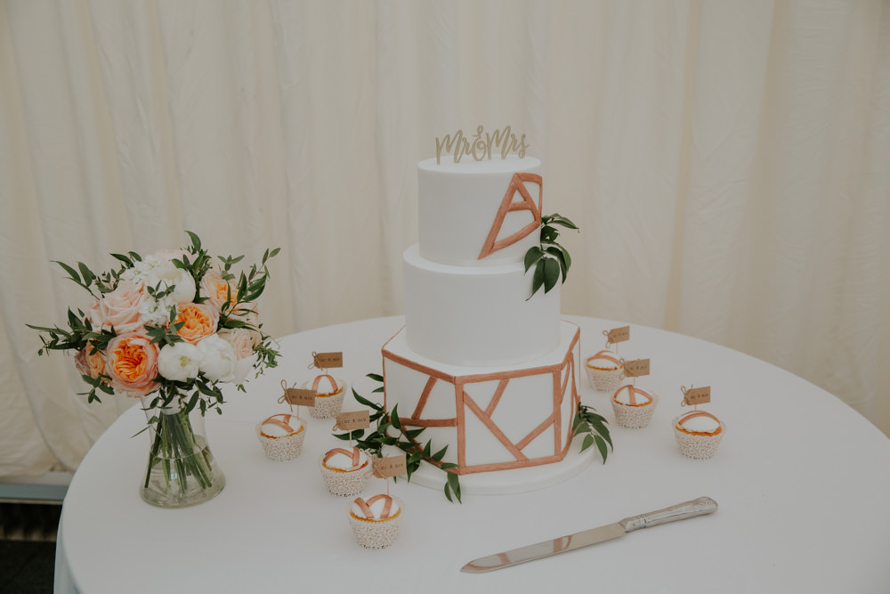 Copper Brass Geometric Cake Flowers Middleton Lodge Wedding Jamie Sia Photography
