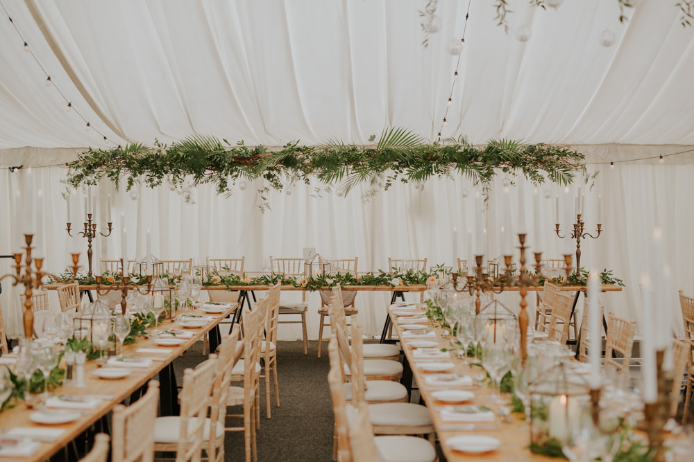 Marquee Botanical Greenery Foliage Suspended Decor Festoon Lights Brass Copper Details Tables Middleton Lodge Wedding Jamie Sia Photography