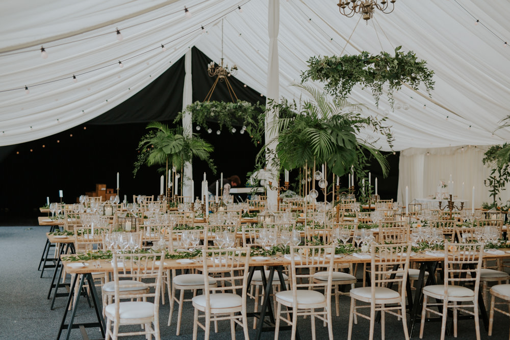 Marquee Botanical Greenery Foliage Suspended Decor Festoon Lights Brass Copper Details Tables Middleton Lodge Wedding Jamie Sia Photography