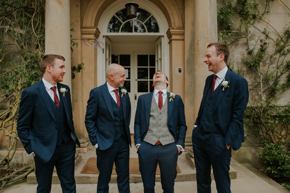 Groom Suit Red Tie Tan Shoes Navy Blue Groomsmen Waistcoat Middleton Lodge Wedding Jamie Sia Photography