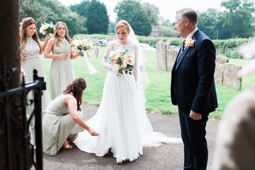 Bride Bridal Maggie Sottero Lace Long Sleeves A Line Suit Peach Rose Peony Eucalyptus Bouquet Sage Grecian Bridesmaids Moreves Barn Wedding Gemma Giorgio Photography