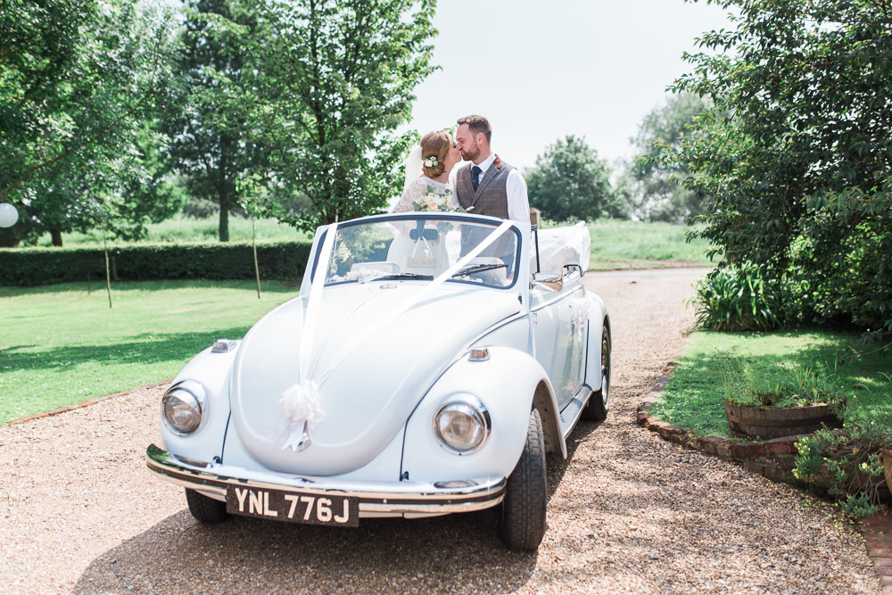 Bride Bridal Maggie Sottero Lace Long Sleeves A Line Navy Groom Suit Peach Rose Peony Eucalyptus Bouquet Vintage Beetle Car Transport Moreves Barn Wedding Gemma Giorgio Photography