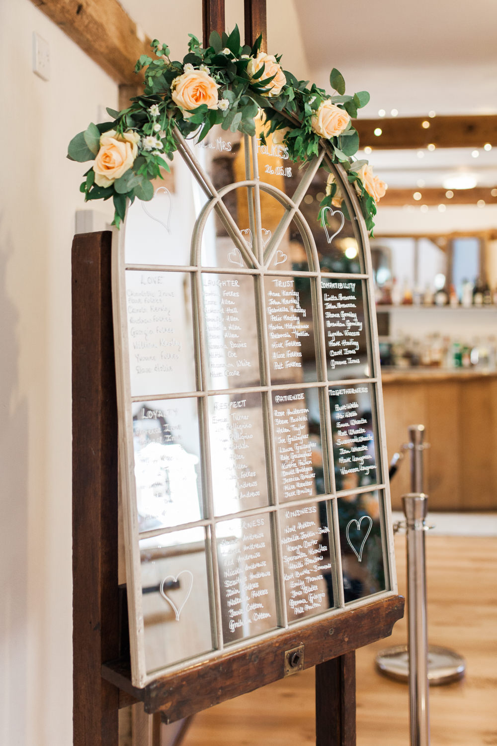 Window Mirror Table Plan Peach Rose Garland Chalk Moreves Barn Wedding Gemma Giorgio Photography
