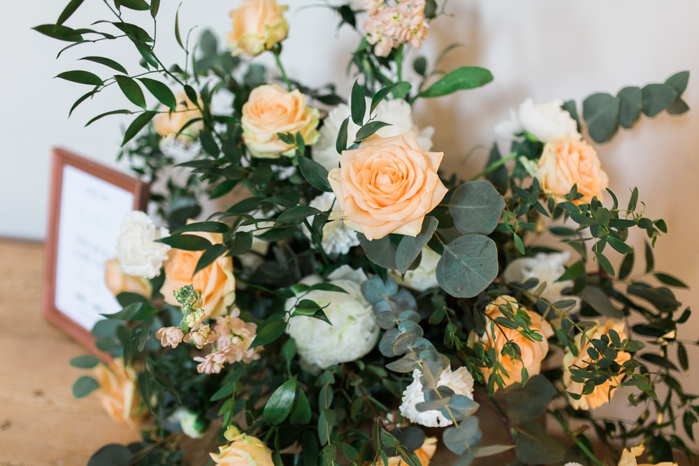 Peach Rose Foliage Peony Bouquet Arrangement Moreves Barn Wedding Gemma Giorgio Photography