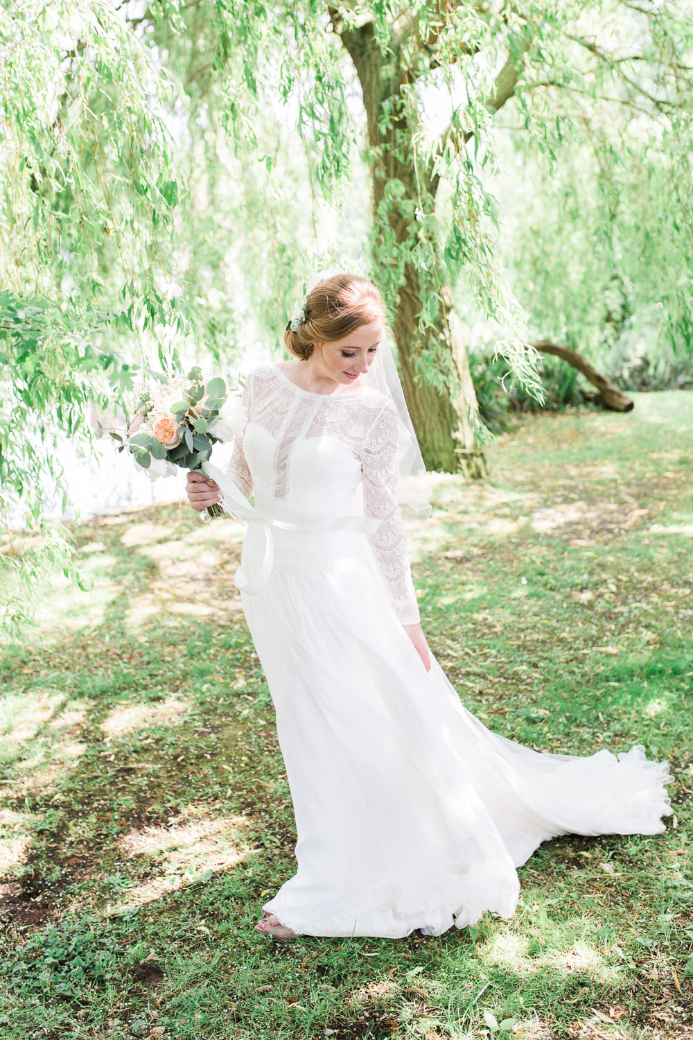 Bride Bridal Maggie Sottero Lace Long Sleeves A Line Suit Peach Rose Peony Eucalyptus Bouquet Moreves Barn Wedding Gemma Giorgio Photography