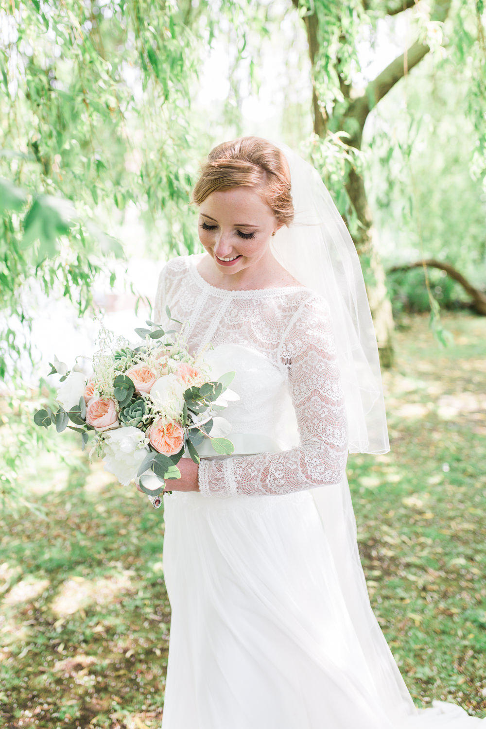 Bride Bridal Maggie Sottero Lace Long Sleeves A Line Suit Peach Rose Peony Eucalyptus Bouquet Moreves Barn Wedding Gemma Giorgio Photography