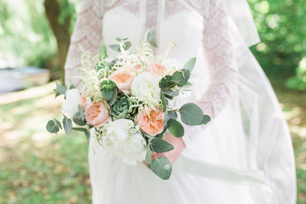 Bride Bridal Maggie Sottero Lace Long Sleeves A Line Suit Peach Rose Peony Eucalyptus Bouquet Moreves Barn Wedding Gemma Giorgio Photography