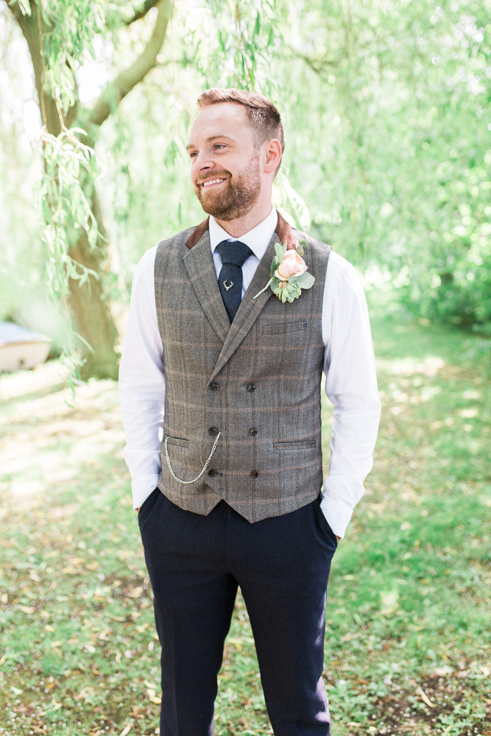Tweed Waistcoat Groom Double Breasted Pocket Watch Moreves Barn Wedding Gemma Giorgio Photography