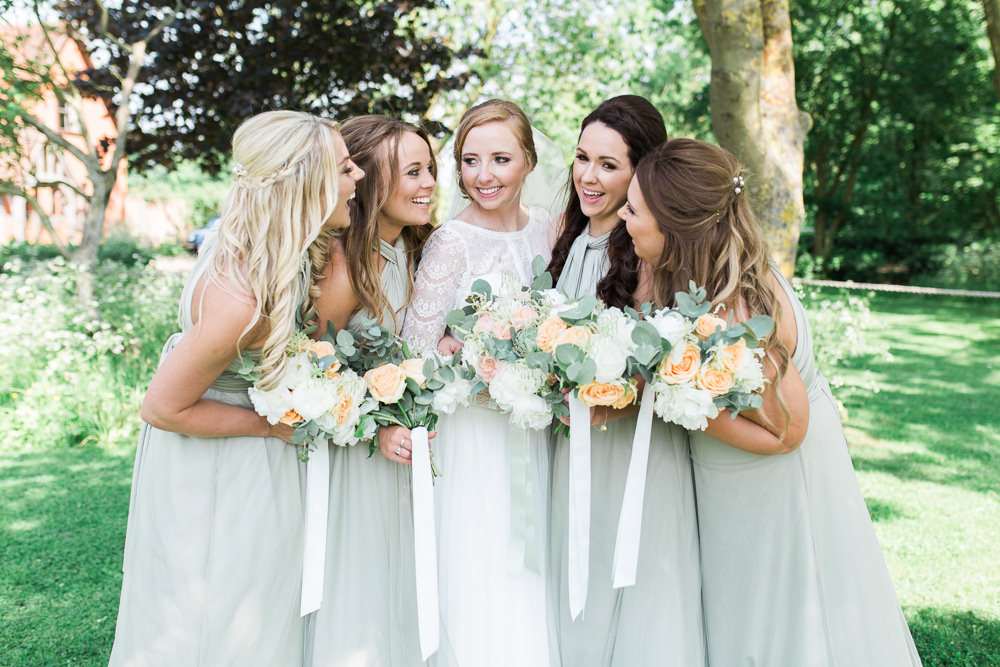 Bride Bridal Maggie Sottero Lace Long Sleeves A Line Sage Green Bridesmaids Grecian Peach Rose Peony Eucalyptus Bouquet Moreves Barn Wedding Gemma Giorgio Photography