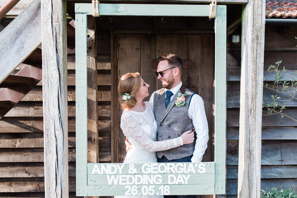 Bride Bridal Maggie Sottero Lace Long Sleeves A Line Navy Groom Suit Wooden Frame Photo Booth Moreves Barn Wedding Gemma Giorgio Photography
