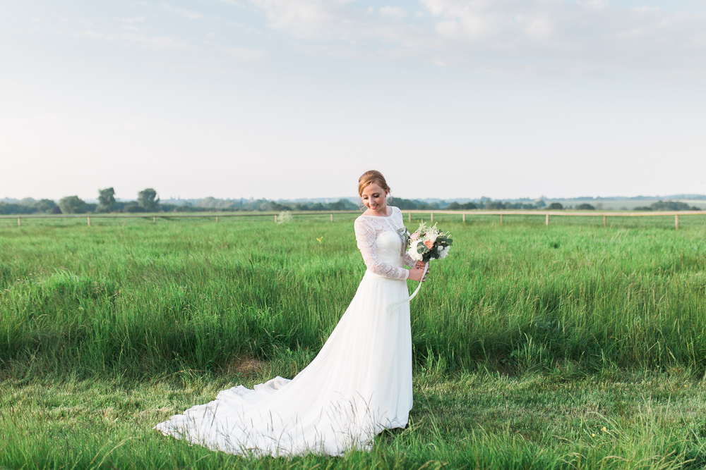 Bride Bridal Maggie Sottero Lace Long Sleeves A Line Peach Rose Peony Eucalyptus Bouquet Moreves Barn Wedding Gemma Giorgio Photography