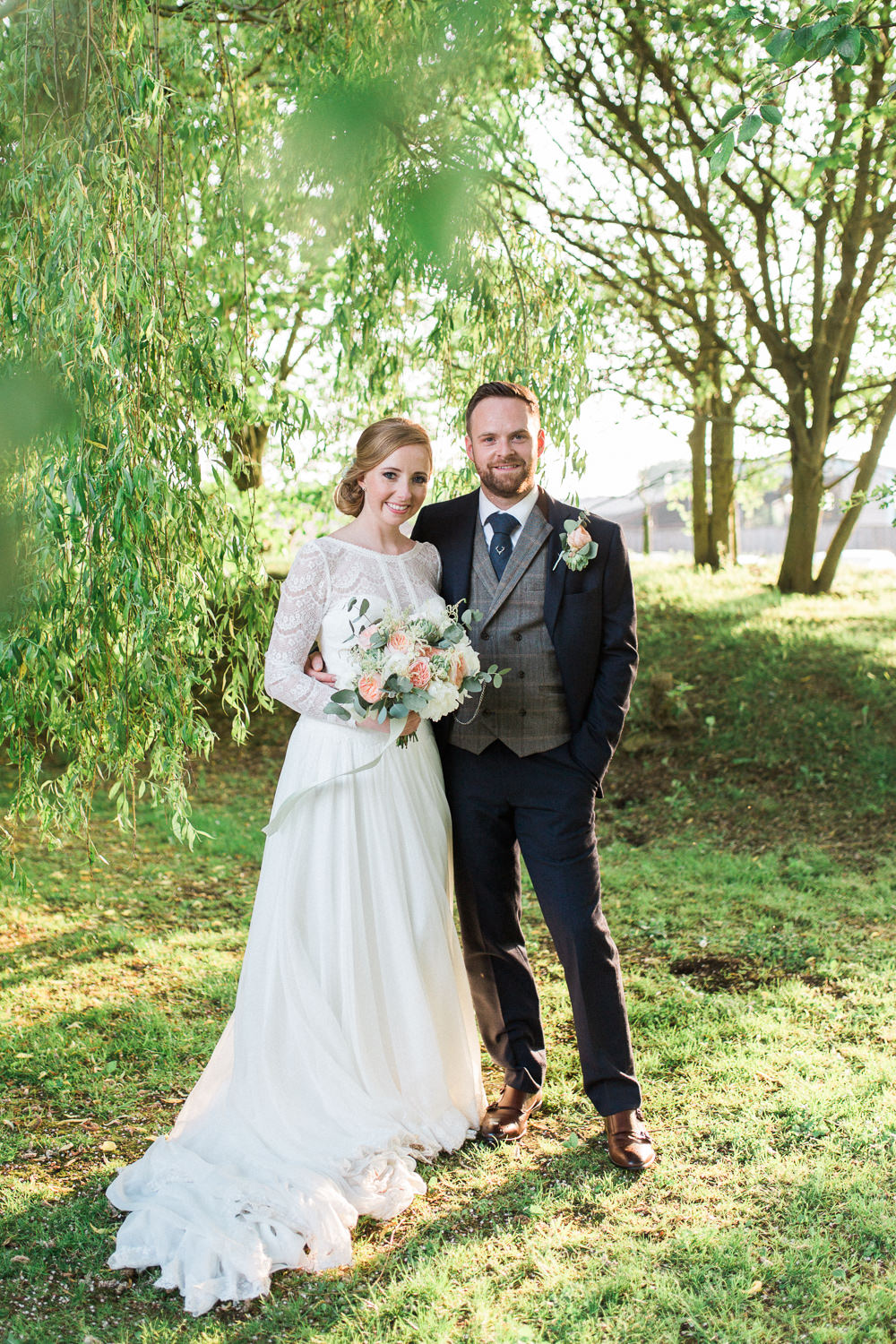 Bride Bridal Maggie Sottero Lace Long Sleeves A Line Navy Suit Groom Peach Rose Peony Eucalyptus Bouquet Tweed Waistcoat Moreves Barn Wedding Gemma Giorgio Photography