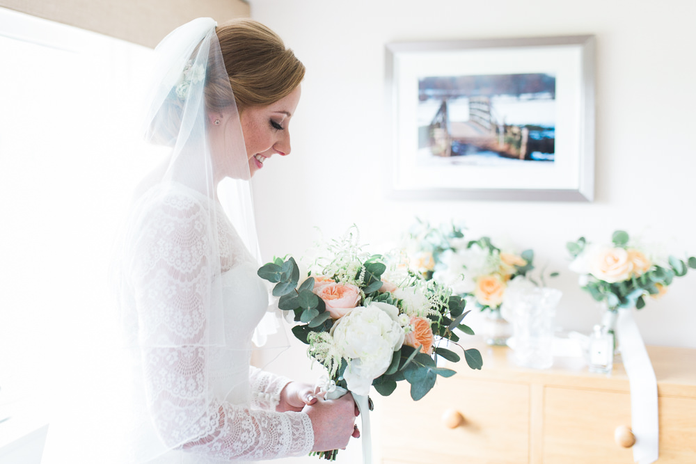 Bride Bridal Maggie Sottero Lace Long Sleeves A Line Suit Peach Rose Peony Eucalyptus Bouquet Moreves Barn Wedding Gemma Giorgio Photography