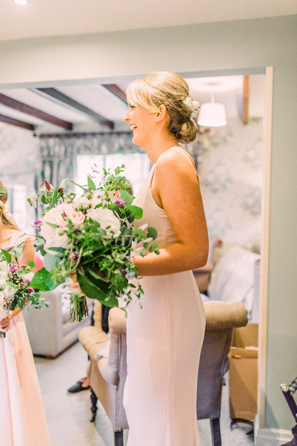 Bouquet Flowers Bride Bridal Hydrangea Rose Greenery Foliage Eucalyptus Bridesmaid Pheasant Harome Wedding Yorkshire Arabella Smith Photography