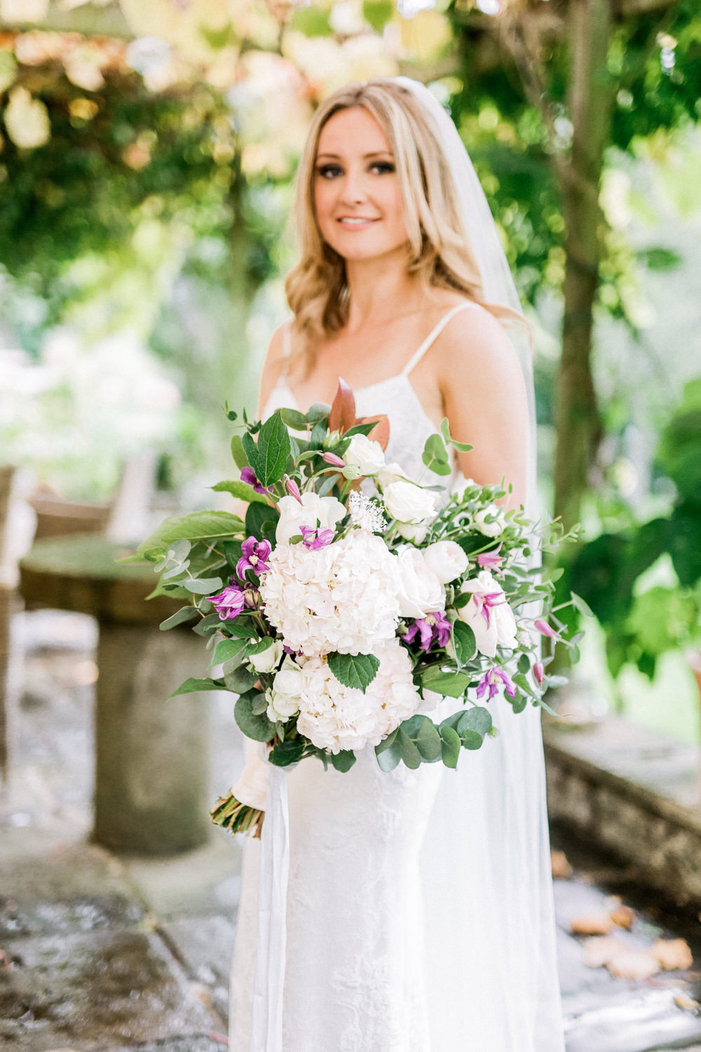 Bouquet Flowers Bride Bridal Hydrangea Rose Greenery Foliage Eucalyptus Pheasant Harome Wedding Yorkshire Arabella Smith Photography